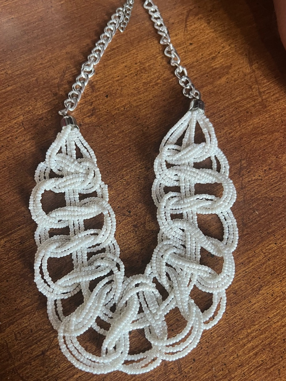 Chunky White Seed Bead Twisted Braided Necklace 18” Silver Tone Chain Jewelry